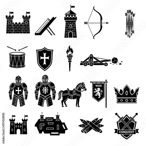 Collection of medieval fortress, armored knight, royal crown, war banner, catapult, bow, arrows, drum, shield, torch, and horse silhouettes representing historical conquest and