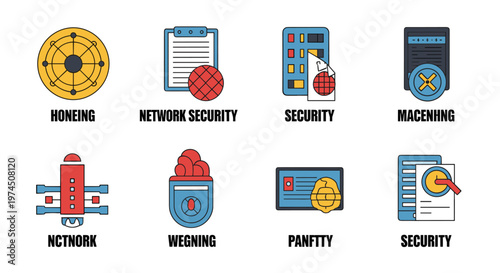 Collection of modern flat icons representing cybersecurity concepts like network protection, data access control, digital identity verification, and system monitoring with clean