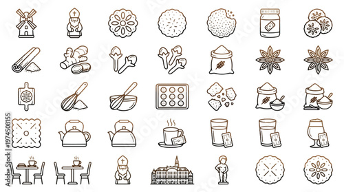 Speculaas Biscuit and Spice Icon Set in Thin Line Style. A collection of linear icons including cinnamon, ginger, cloves, star anise, Sinterklaas, windmill, flour, baking, and more. Editable Stroke.