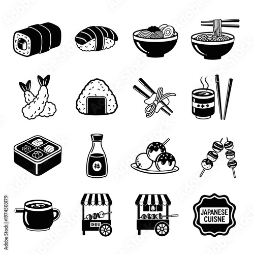 Collection of simple black and white vector icons representing various popular japanese foods and street food stalls, featuring sushi rolls, nigiri, ramen bowls, tempura shrimp,