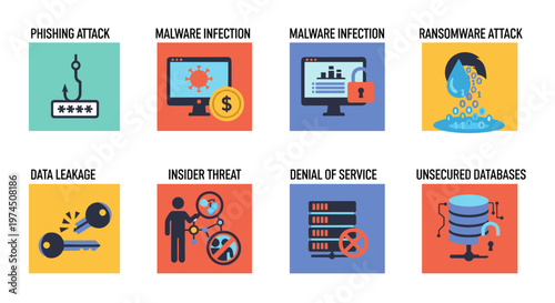 Collection of simple flat vector icons representing various cybersecurity threats including phishing, malware, ransomware, data leakage, insider threats, denial of service, and