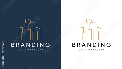 Minimalist City Skyline Monoline Gold Logo Design Vector for Architecture and Property Company