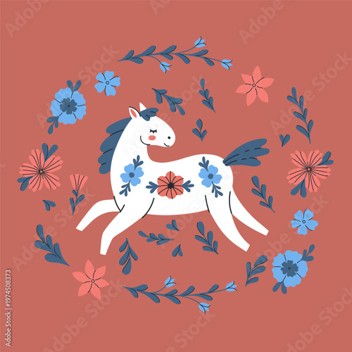 Cute horse surrounded by flowers. Vector graphics.