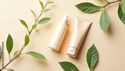 Beige skincare bottles with fresh green leaves on neutral background