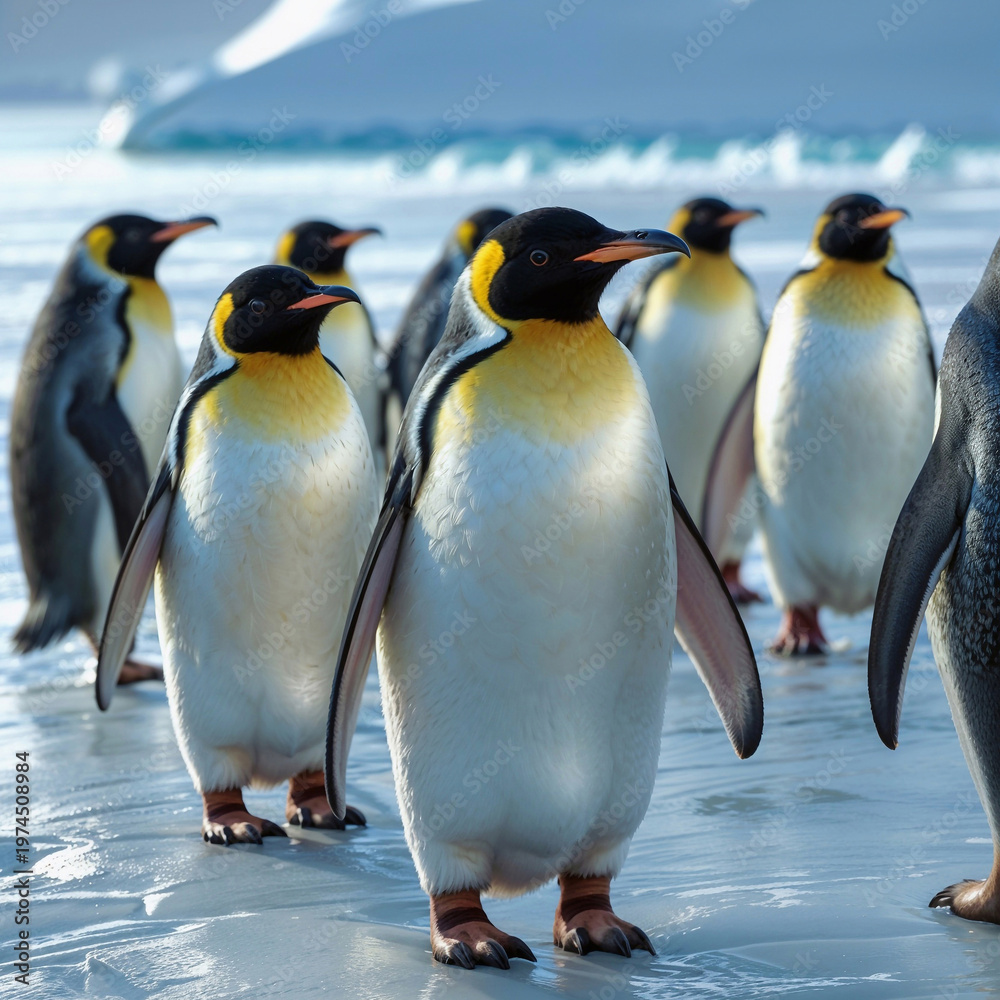 Fototapeta premium A group of emperor penguins stands on an ice floe in a cold, icy landscape