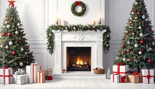 Wallpaper Mural A festive holiday scene with a fireplace and Christmas trees Torontodigital.ca