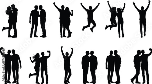 Black silhouettes of happy people and couples celebrating, jumping, hugging, taking selfies, and kissing isolated on white background for design.