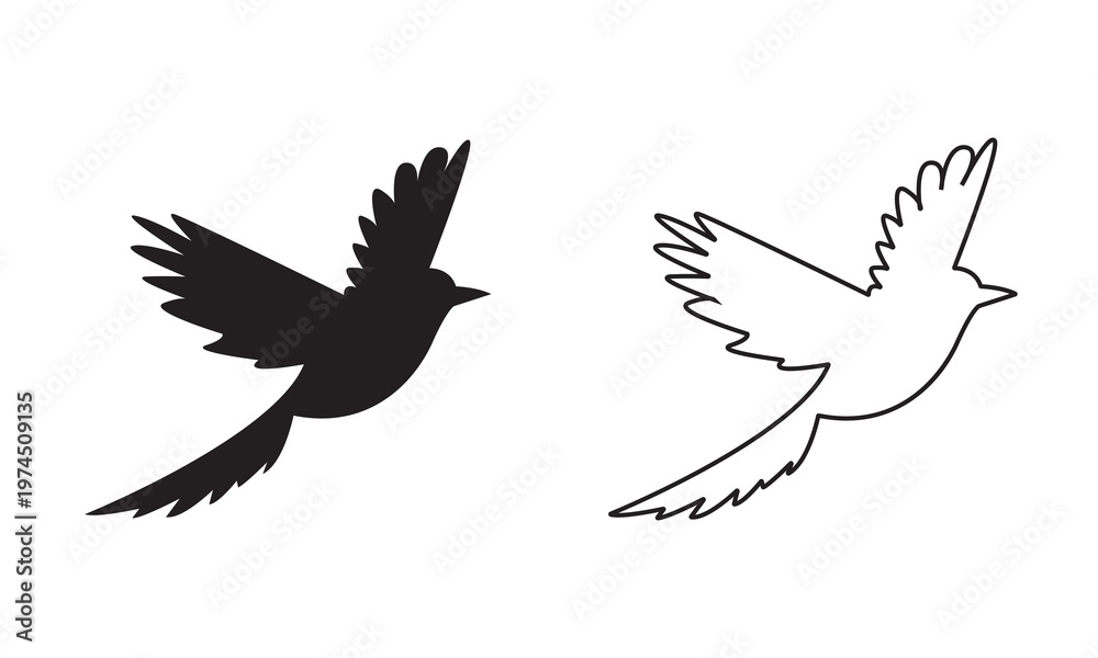 Obraz premium Flying Seagull icon. Collection of black seagull silhouettes in flight, isolated on white background, showing various wing positions and angles for design use.
