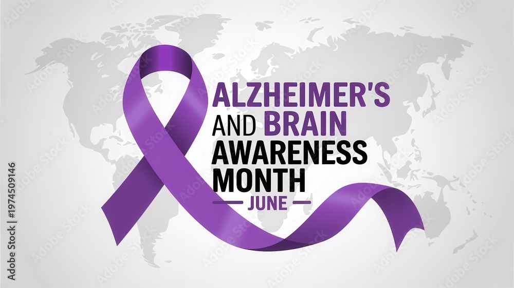 Fototapeta premium Alzheimer's and Brain Awareness Month banner with purple ribbon and world map background