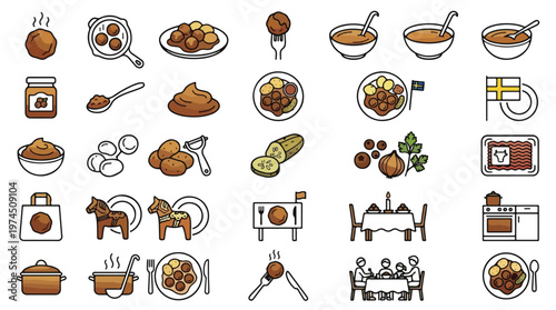 Swedish Meatball Icon Set in Linear Flat Style. A collection of Swedish Food Linear Icons, including meatballs, gravy, lingonberries, potato, cucumber, horse, flag, kitchen, and more. Editable Stroke.