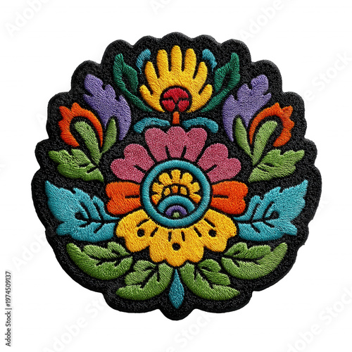 Circular embroidered patch featuring a vibrant intricate floral design in multiple colors transparent background