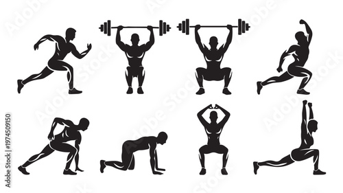 Silhouette Of Various Fitness Exercises For Health Concepts