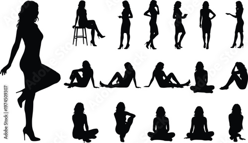 Black silhouettes of woman in various poses, sitting, standing, and reclining set isolated on white background for lifestyle and fashion.