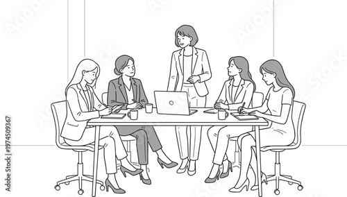 Confident businesswoman leading team meeting with laptop in office collaborative discussion line art vector illustration for leadership and management concept