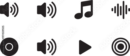 Media control icons set featuring volume music note sound wave play button and record symbols for audio player software. vector illustration