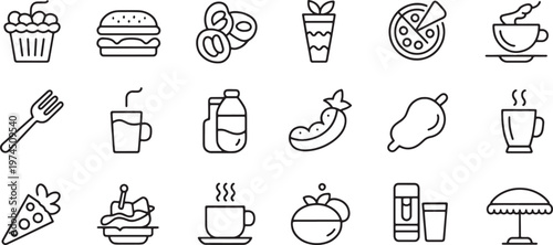 Modern food and drink line icons set featuring fast food dessert coffee and kitchen utensils for restaurant menu vector.