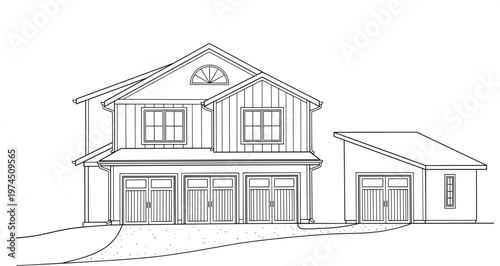 Contemporary house with multiple garages and sloped driveway clean line art vector illustration for residential property design