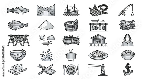 Cod Fish Industry and Culinary Icon Set in Line Style. A collection of Stockfish Linear Icons, including trawler, drying rack, fisherman, fjord, salt, barrel, cooking pot, meal, anchor