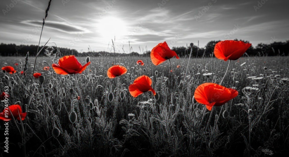 Obraz premium Vivid red poppies bloom in a field, contrasting against a grayscale landscape