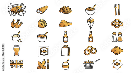 British Fish and Chips Icon Set in Line Style. A collection of food linear icons, including fried cod, crispy chips, mushy peas, lemon, vinegar, salt, pepper, beer, union jack, basket
