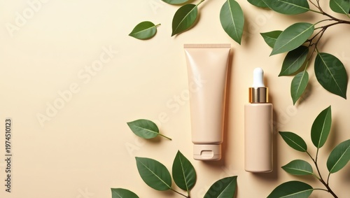 Natural skincare products with aloe vera and green leaves on beige background