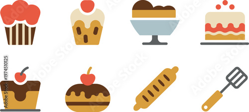 Set of sweet cakes and bakery desserts, flat design, colorful food icons, delicious treats on transparent background. vector illustration