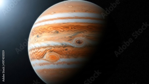 A photorealistic illustration of the giant gas planet Jupiter, with swirling clouds and dark shadows