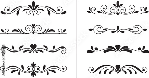 Set of eight elaborate vintage page dividers with floral and heart shapes for elegant document designs. vector illustration