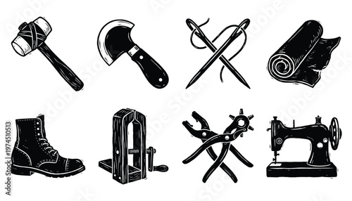 Leather Craft Tools and Shoemaking Equipment Vector Icon Set