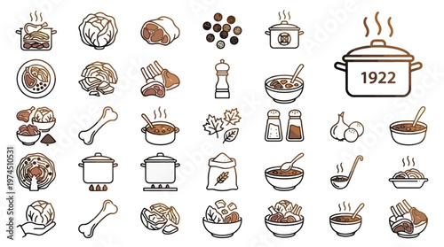 Cooking Ingredients and Food Preparation Icon Set in Linear Line Art Style. A collection of food linear icons, including cabbage, meat, ribs, bone, soup, stew, pot, pepper, salt, flour, and more.