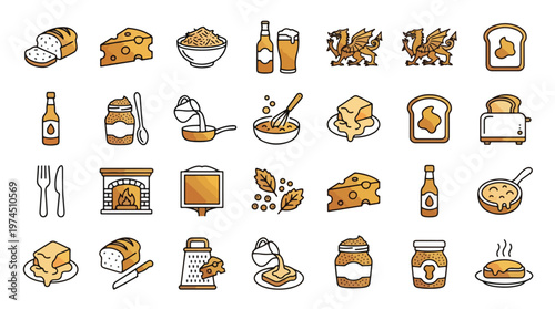 Welsh Rarebit Icon Set in Two-tone Linear Style. A collection of Food Icons, including cheese, bread, ale, dragon, mustard, whisk, toaster, butter, grater, hearth, and more. Editable Stroke.