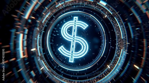 3d dollar sign with futuristic circular motion blur in dark tech background