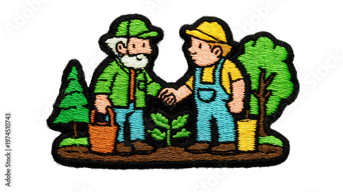 Two farmers with gardening tools and plants shaking hands in a cartoon style embroidery transparent background