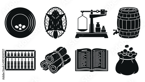 Historical trade and commerce icons set in black and white silhouette