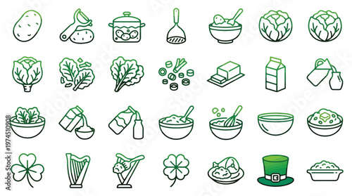 Colcannon Recipe Icons in Line Style. A collection of Irish cooking linear icons, including potato, cabbage, butter, milk, masher, pot, shamrock, harp, leprechaun hat, bowl, and more. Editable stroke.