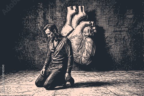 Vector engraving illustration of a depressed man kneeling on the floor in front of a giant anatomical heart. Surreal concept of grief and pain.