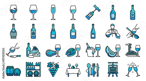 Wine and Viticulture Icon Set in Blue Gradient Style. A collection of Wine Tasting Linear Icons, including champagne, bottle, sommelier, corkscrew, barrel, grapes, pairing, cheese