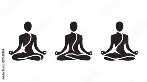 Three Black Silhouette Yoga Figures Meditating On White Background For Wellness Concepts