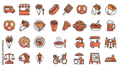 Street Food Icon Set in Linear Style. A collection of food culture linear icons, including food truck, hot dog, pizza, pretzel, beer, waffle, fries, tacos, stall, cafe, cart, menu, snack, bike