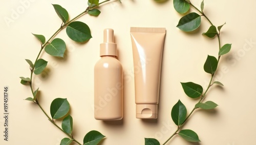 Minimalist skincare set with serum bottle and tube on natural green leaf background