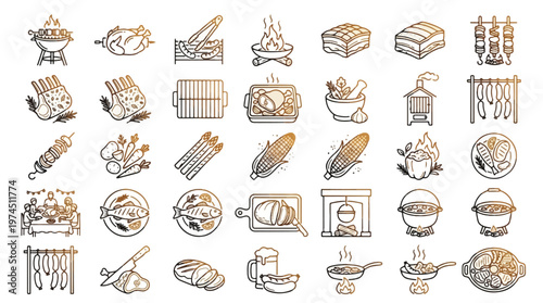 Barbecue and Grilling Icon Set in linear style. A collection of outdoor food linear icons, including grill, rotisserie, ribs, corn, steak, fish, skewers, pot, pan, sausages, and more. Editable stroke.