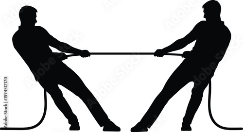 tug of war silhouette, teamwork competition concept, strength and balance, pulling rope game, rivalry challenge, team effort, physical contest, black white illustration