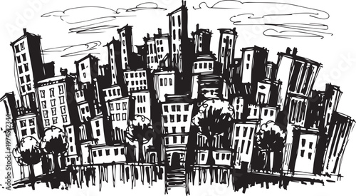 Whimsical sketchy cityscape with tall buildings and trees.