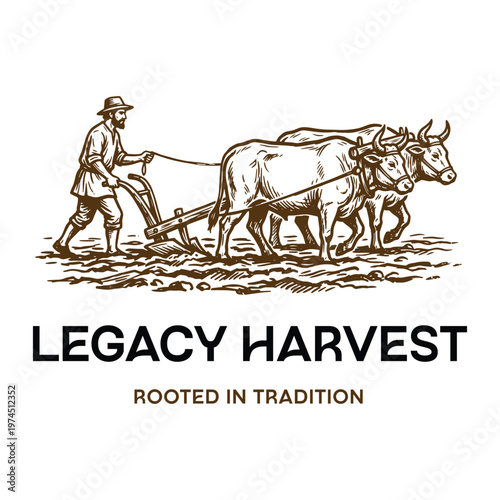 Vintage illustration of a farmer plowing with oxen
