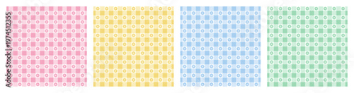 A seamless gingham pattern set. Vichy checkered background with flower in pink, yellow, green, blue colors. Easter Print.