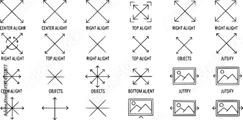 Minimalist Black and White Line Art Graphic Design  Software UIUX Icons Set for Object Alignment, Justification, and Layout Controls