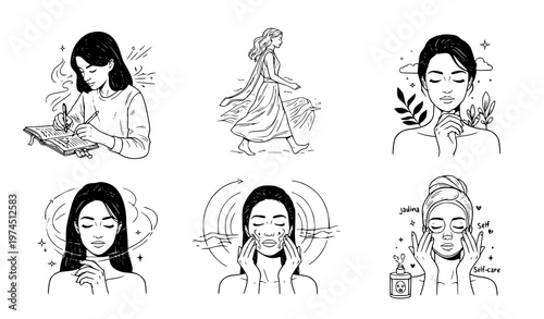 A series of minimalist illustrations featuring women performing various self-care and relaxation activities such as reading, exercising, skincare, and meditation