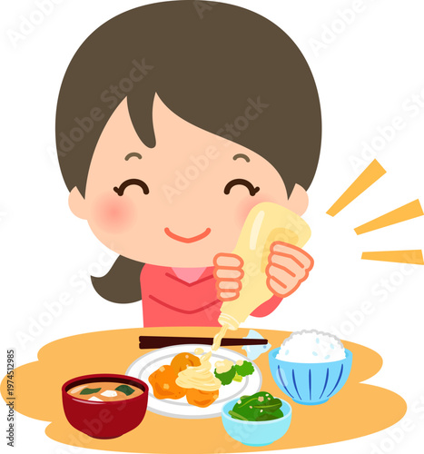 料理に大量のマヨネーズをかける女性