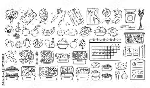 A collection of vector illustrations featuring various healthy foods fruits vegetables meals and fitness icons with dietary symbols and meal plans