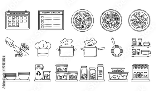 A collection of minimalist line art icons depicting various kitchen and meal planning tools including a weekly menu calendar, pizzas, cooking utensils, and pantry items